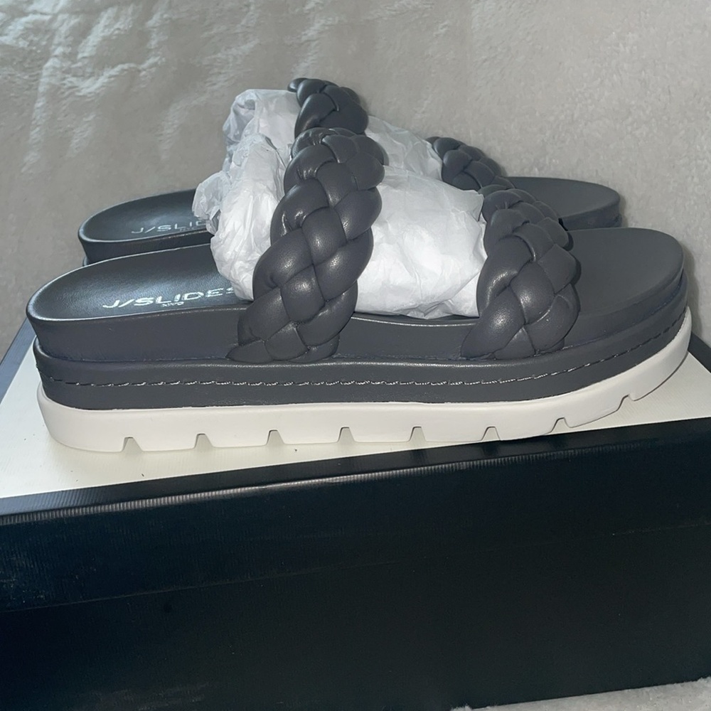 NWT J/SLIDES REESE Dark Grey Leather Woven Strap Sandal - Picture 11 of 16